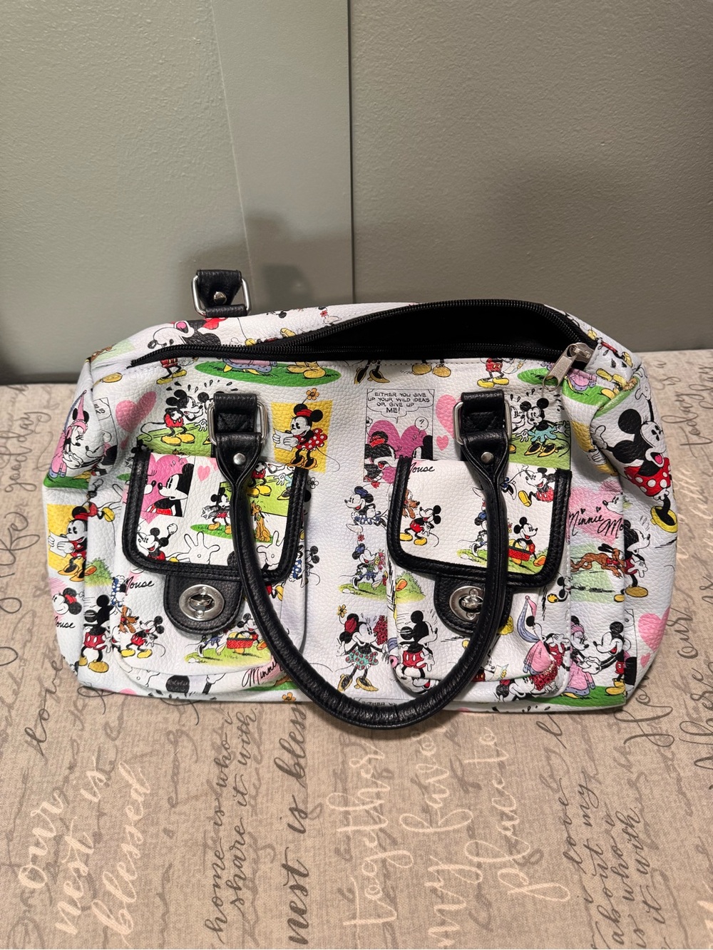 Disney White Comic-Strip Mickey Satchel with Black Handles